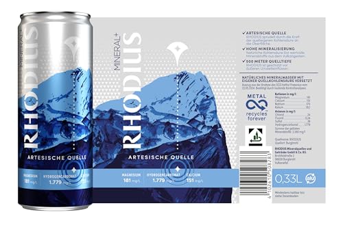 RHODIUS Mineralwasser - natürlich, prickelnd aus der Vulkaneifel - reich an wertvollen Mineralien und Magnesium - in der praktischen Getränkedose, EINWEG (24 x 330 ml)