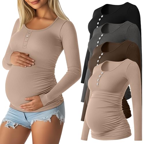 Sweetyweee 4 Pack Womens Maternity Shirts Cotton Scoop Neck Long Sleeve Ribbed Pregnancy Top Henley Side Ruched Mama Clothes(Black, Dark Heather Gray, Coffee, Khaki,Medium)