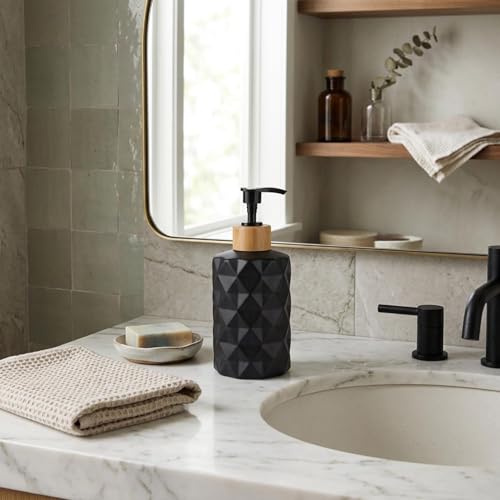 Image of Luxe Home International Faceted Pattern Glass Soap Dispenser for Bathroom and Kitchen Sink Leak Proof Liquid Hand Wash Round Bottle Lightweight Matte Finish (17.5x7.5 cm Black) Pack of 1