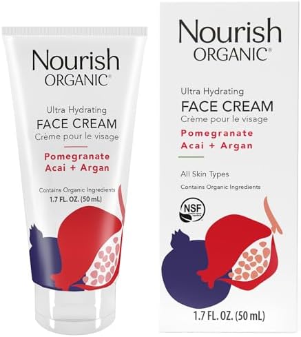 Nourish Organic Face Cream, Pomegranate Acai + Argan – Ultra Hydrating Formula with Aloe Vera & Green Tea Extract, 1.7 Oz + Washable Cotton Round