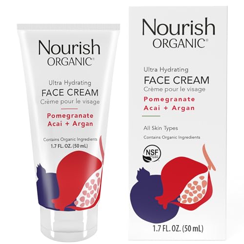 Nourish Organic Face Cream, Pomegranate Acai + Argan – Ultra Hydrating Formula with Aloe Vera & Green Tea Extract, 1.7 Oz + Washable Cotton Round