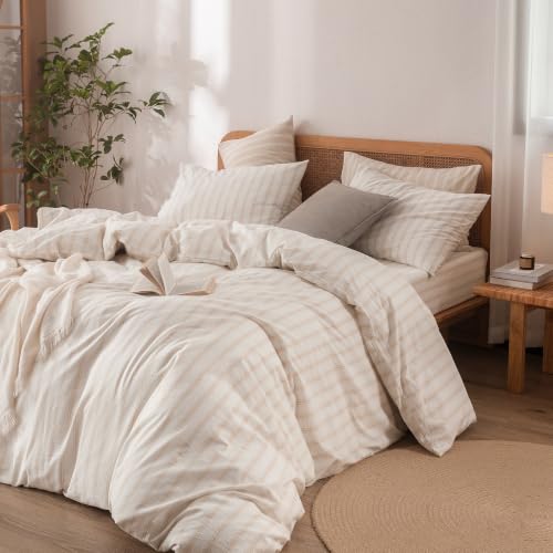 Image of BESTOUCH Striped Cotton Duvet Cover Set Linen Feel Super Queen | 100% Washed Cotton, Soft Wrinkle Texture, Hidden Zipper, 8 Ties, Breathable Lightweight Durable Comfy, 3 Pcs No Insert
