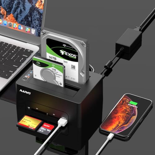 Image of MAIWO Dual Bay Hard Drive Docking Station with Offline Clone for 2.5 3.5 inch SATA HDD /SSD, Support Reading CF&SD Card, USB 3.0 5Gbps Drive Duplicator Cloner, 36TB Capacity