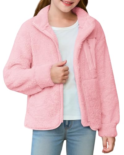 Haloumoning Girls Fuzzy Fleece Jacket Kids Sherpa Zip Up Fall Winter Coat Outerwear with Pockets 5-14 Years