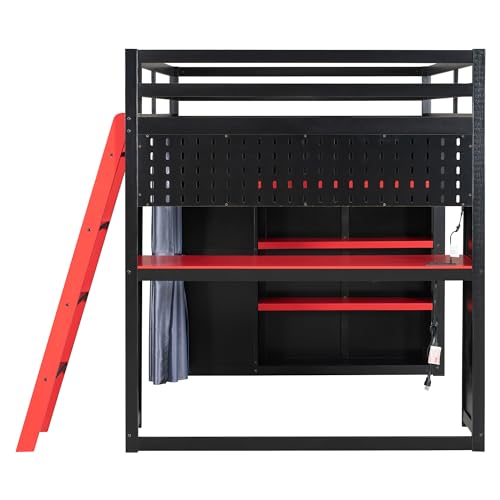 Image of Harper & Bright Designs Wood Loft Bed with Gaming Desk,Wardrobe and Bookshelves,Full Loft Bed Frame with Charging Station,RGB Light,Curtains and Pegboard,Black Red