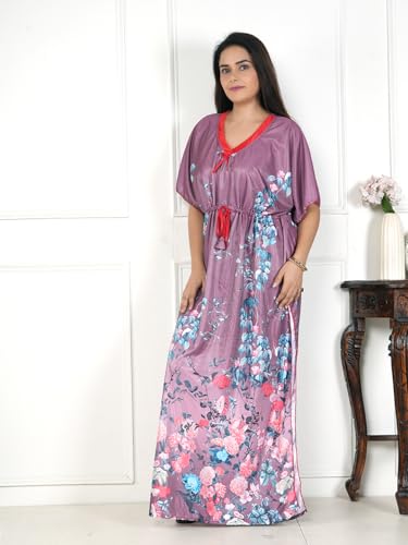 Image of Women's Printed Satin Blend Kaftan Nighty /Nightgown /Nightwear /Maxi WSR-185