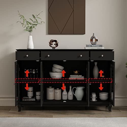 Didugo Black Sideboard Buffet Cabinet With Drawers & Glass Doors, Sideboards And Buffets With Storage, Wooden Credenza With Adjustable Shelves, Wooden Legs, For Kitchen (55.1”W X 15.7”D X 35.4”H) #TOP4
