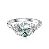 MUUYON Natural Moss Agate Ring for Women Solid 14K White Gold Green Moss Agate Engagement Ring Promi