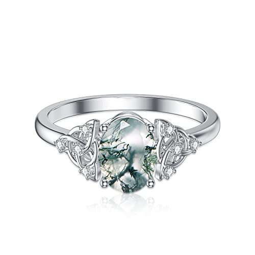 Muuyon Natural Moss Agate Ring For Women Solid 14K White Gold Green Moss Agate Engagement Ring Promise Bridal Ring With 8X6Mm Agate Wedding Bands For Her, Size 7 #TOP12