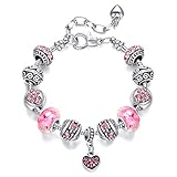 Geettcaifu Pink Hearts Silver Plated Charm Bracelet, DIY Jewelry for Women with Beads, Charms, and Adjustable Snake Chain, Fits 7.5