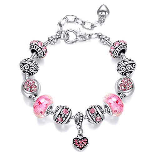 Geettcaifu Pink Hearts Silver Plated Charm Bracelet, DIY Jewelry for Women with Beads, Charms, and Adjustable Snake Chain, Fits 7.5