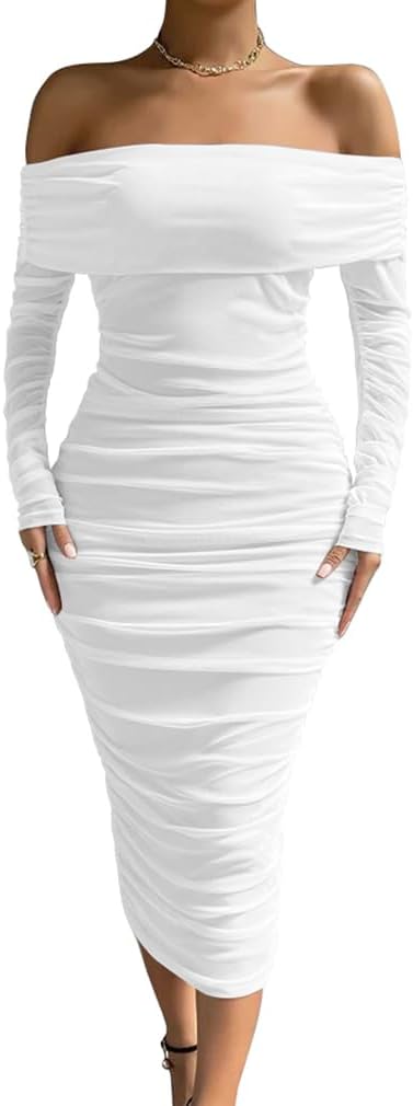 LAGSHIAN Women Sexy Off Shoulder Long Sleeve Bodycon Ruched Midi Elegant Cocktail Party Dress