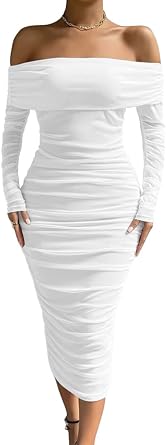 LAGSHIAN Women Off Shoulder Long Sleeve Bodycon Ruched Midi Dress | Sexy Elegant Cocktail Party Knee Length Pencil Dresses,Mesh Ruched,Double Layer,Stretchy,Slim Fit