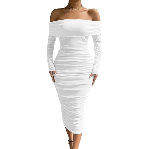 LAGSHIAN Women Sexy Off Shoulder Long Sleeve Bodycon Ruched Midi Elegant Cocktail Party Dress