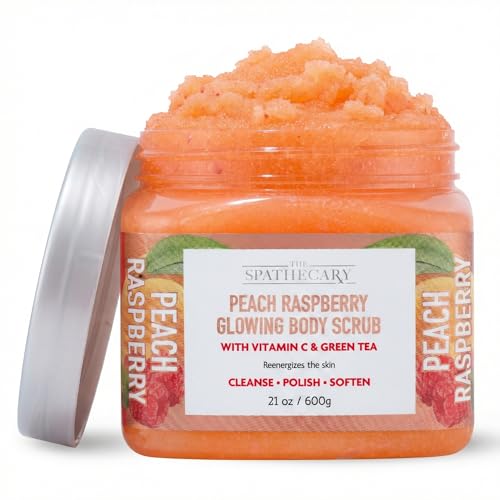 Image of Peach Raspberry Sugar Scrub - Exfoliating & Hydrating Body Scrub With Vanilla & Green Tea to Help Polish, Reenergize, & Soften For Radiant Skin, Body Care Exfoliator & Cleanser, 21 oz