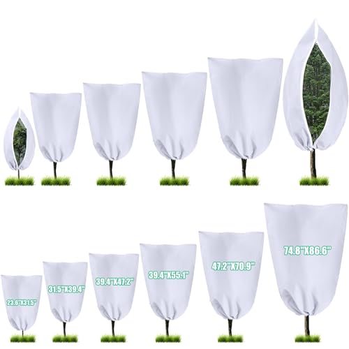 Wesnoy 12 Pcs Frost Protection Bag Winter Plant Covers Freeze Drawstring Tree Cover Extra Large 6 Sizes Reusable Frost Blankets for Plants Fruit Tree Shrub, Green Outdoor Protection Bag(White)