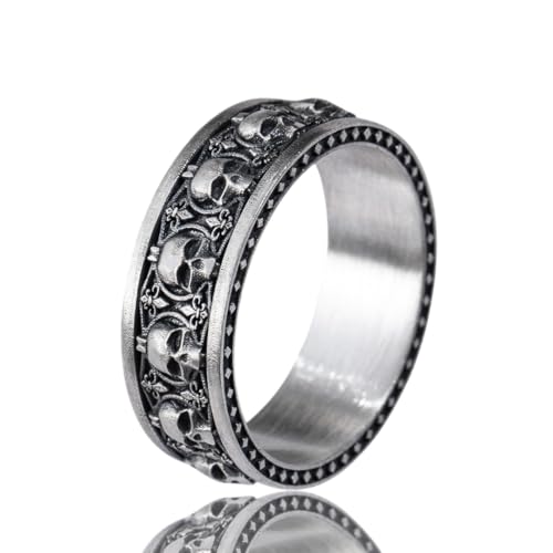 Men’s Skull Band Ring For Men – 925 Sterling Silver Rings For Men, Gothic Wedding Band, Vintage Oxidized Skull Design, Bold Biker Statement Jewelry, Boyfriend Gifts For Him