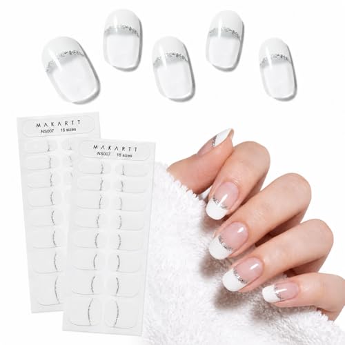 Makartt 16-Size White French Tip Semi-Cured Gel Nail Strips, UV Required