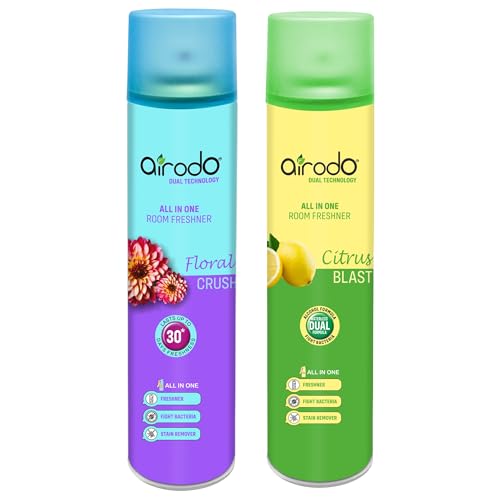 Image of AIRODO Citrus Blast and Floral Crush Air Freshener Combo Pack with Dual Technology, Easy Push and Spray, Stain Removal, All in One Room Freshener for Home and Office (250ml, Pack of 2)