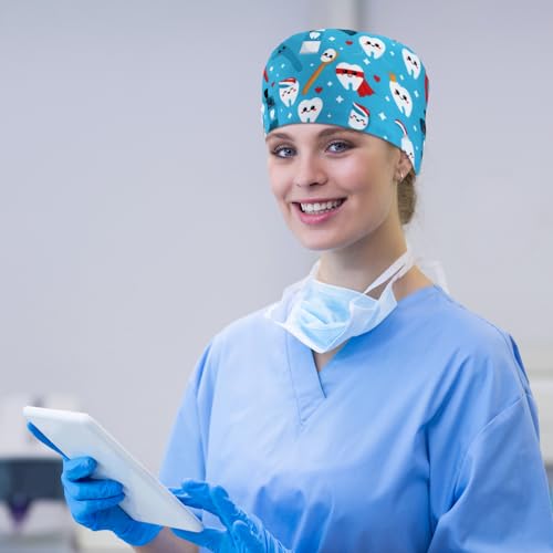 Image of Unittype 4 Pcs Nurse Caps for Women Nursing Working Caps with Button and Sweatband Adjustable Elastic Scrub Hats for Dentist