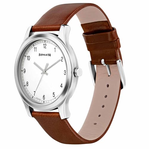 Sonata Quartz Analog White Dial Brown Leather Strap Watch for Men - NT7135SL03 - Image 3