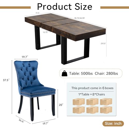 Image of Rustic Brown Dining Room Table Set for 8, 9-Piece 63 inch-78.74 inch Extendable Dining Table Set with 8 Upholstered Chairs, Rectangle Wooden Expanding Kitchen Table and Blue Chairs Set