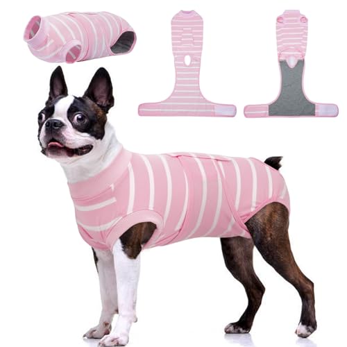 Kuoser Dog Surgery Recovery Suit, Soft Breathable Dog Recovery Suit for Female Spay Male Nueuter, Anti Licking Puppy Onesie Pet Surgical Suit for Dogs Abdominal Wounds Skin Disease, Pink Strips L