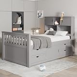 Twin Size Captain Platform Bed Frame with Storage Bookcases and Shelves,Gray - Solid Wood+MDF Gray - Extra Easy-Access Storage Space - Space-Saving Bedroom Solution - Family-Friendly Design