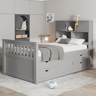 Twin Size Captain Platform Bed Frame with Storage Bookcases and Shelves,Gray - Solid Wood+MDF Gray - Extra Easy-Access Storage Space - Space-Saving Bedroom Solution - Family-Friendly Design