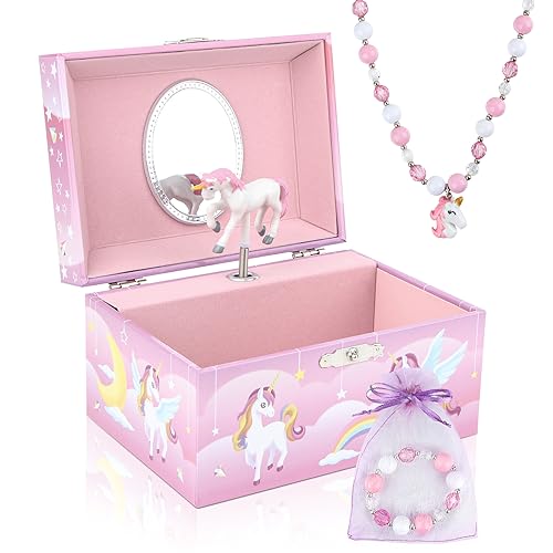 Image of Homtibrm Musical Jewellery Box for Girls with Unicorn Jewelry Set, Kids Jewellery Box Music Box with Rainbow Pony Birthday Gifts for Girls, Over the Rainbow Tune