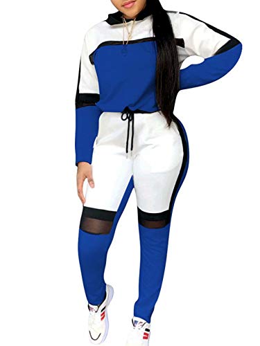 Women Hoodies Sets Two Piece Outfits Casual Full Sleeve Hooded Shirt Mesh Patchwork Pants Tracksuit RompersBlue XXL