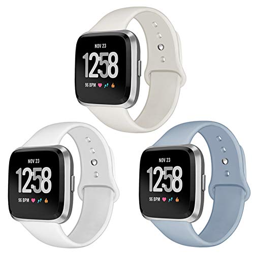 Kmasic Sport Band Compatible Versa/Versa Lite Edition 3 Pack, Soft Silicone Strap Replacement Wristband Compatible Versa Smart Watch, Small, Beige, White, Light Blue