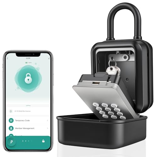 FEUNLEM Smart Key Lock Box with Bluetooth APP, Remote Code Sharing & PIN Code Unlock, IP65 Heavy Duty Zinc Alloy Wall Mounted for Airbnb Hosts Realtors, Holds 5 Keys+Cards (Gray)