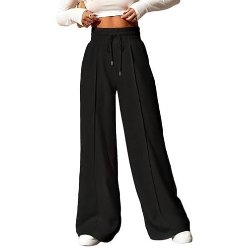 Aleumdr Women's High Waisted Drawstring Waist Wide Leg Sweatpants with Pockets Casual Loose Yoga Pants Small Biking Red