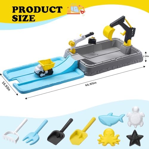 VROGTIK Kids Excavator Sandbox with Cover, Construction Sandbox Set with Beach Toys & Dump Truck, Outdoor Educational Play Set for Toddlers Ages 3-12 - 2