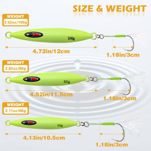 Luminous Fishing Jig Lures, 3 Pcs 60G 80G 100G Vetical Jigs Spoons Glow Slow Pitch Jigging Lure Deep Sea Fishing Lures For Tuna Walleye Bass Trout Freshwater & Saltwater #TOP5