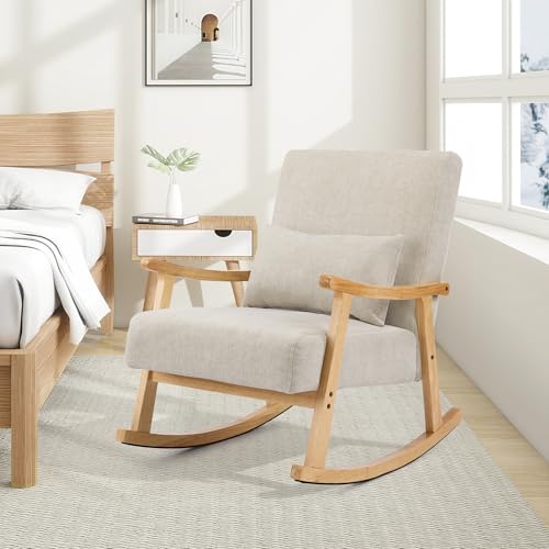 Image of SAETSFEG Rocking Chair for Nursery with Lumbar Pillow, Upholstered Accent Chair with Solid Rubberwood Frame, Living Room & Bedroom, Cozy Reading Chair for Small Spaces, Lightgrey
