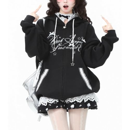 Xojbzoo Kawaii Y2K Zip Up Hoodie Bows Women's Lace Trim Hooded Sweatshirt Oversized Cute Pullover with Bow & Lace Pockets (Black,X-Large) — view 4