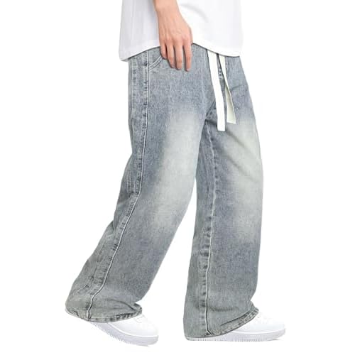 Mens Baggy Jeans Elastic Waisted Denim Pants for Men with Drawstring Streetwear