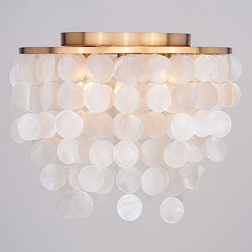 Vaxcel Elsa 16-In W Gold Brass Modern Coastal Glam Flush Mount Ceiling Light Fixture With Capiz Shells #TOP6