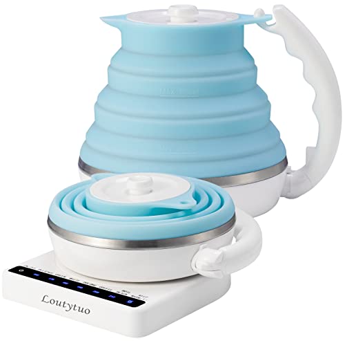 Ultrathin Food Grade Silicone Travel Foldable Electric Kettle Variable Temperature Control with Dual Voltage, Auto Shutoff & Boil Dry Protection & Keep Warm, 555ML 110-220V US Plug (Blue)