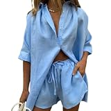 ❤ Material: Lässiger Zweiteiler Set bestehen aus hochwertigen Polyester & Baumwolle Leinen Stoffen, hochwertigen elastischen Materialmix. Cool, atmungsaktiv, Stretch, weich, bequem, dehnbar, hautfreundlich. Dieses Shirt-Shorts Set ist perfekt für den Sommer Frühling und Herbst.