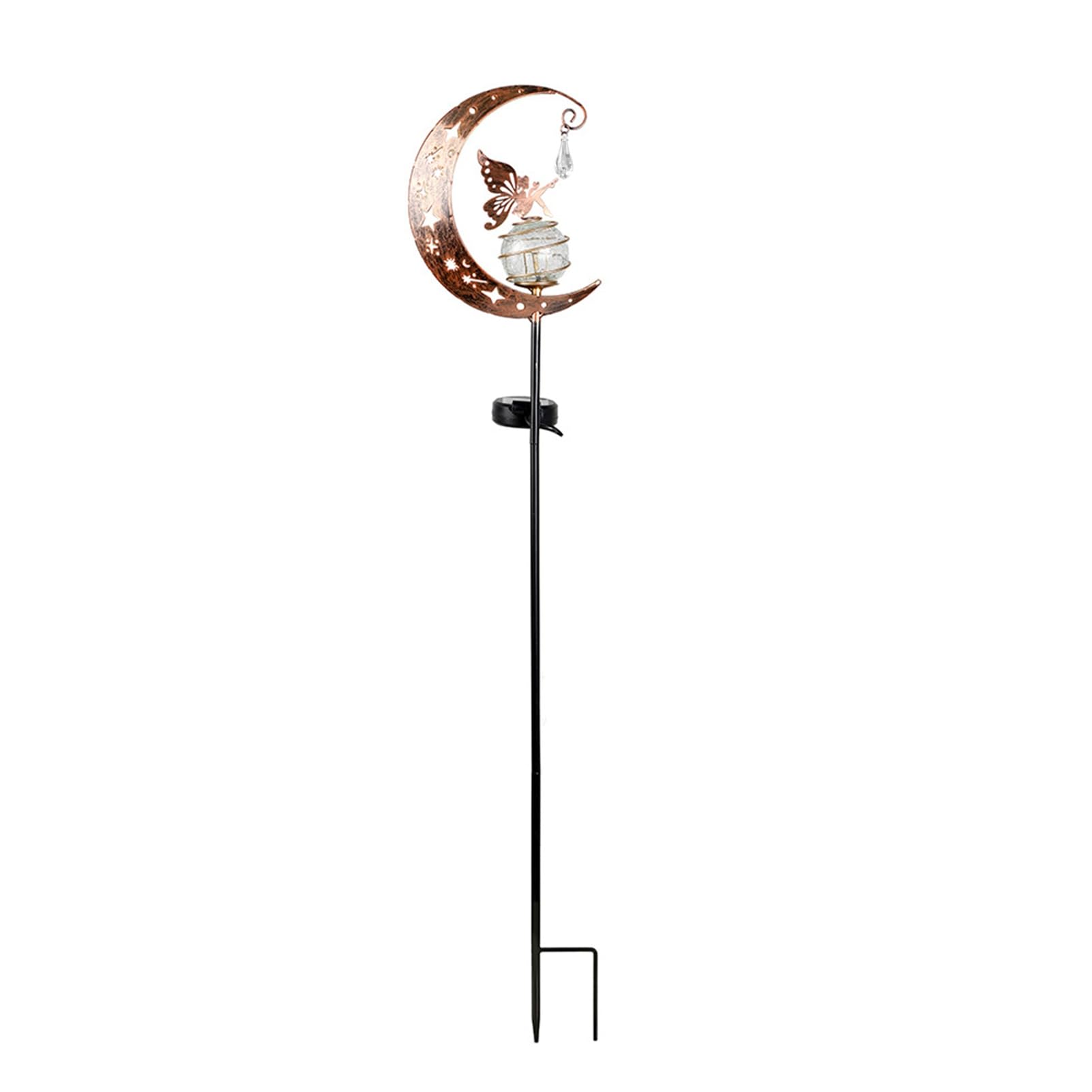 matumou Fairy Moon Solar Garden Stake Light, Waterproof Half Moon Pathway Decor, Crackle Glass Ball Light, Metal Crescent Lamp for