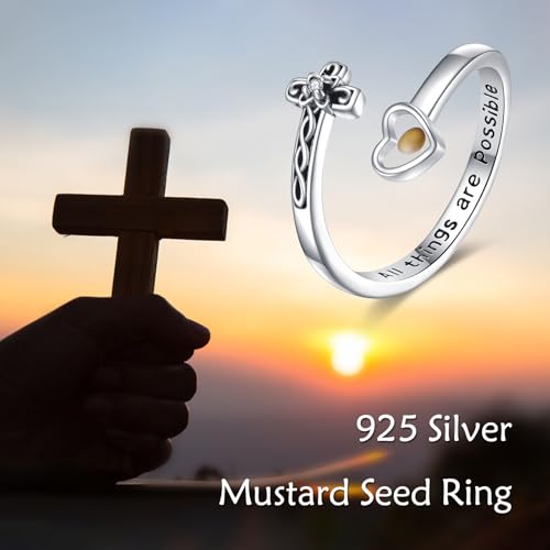 Bague croisée en argent 925 ONEFINITY ajustable avec croix et véritable grain de moutarde
