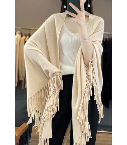 100% Merino Wool Shawl Wrap Women's Tassel Poncho Cape Cardigan Autumn Winter Loose Open Sweater Coat3