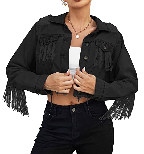 Hotloox Women's Fringe Jacket Button Down Long Sleeve Cropped Denim Jean Jacket With Pockets Black Xl #TOP25