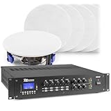 Sistema de Sonido 2 Zonas con Amplificador matricial - Bluetooth, MP3 USB/SD, 100V, 12 Altavoces de Techo 5,25'', 100m de Cable, Control de Volumen Independiente y conexión de Fuentes externas