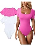 OQQ Women's 2 Piece Bodysuits Sexy Ribbed One Piece Square Neck Short Sleeve Bodysuits Rose White