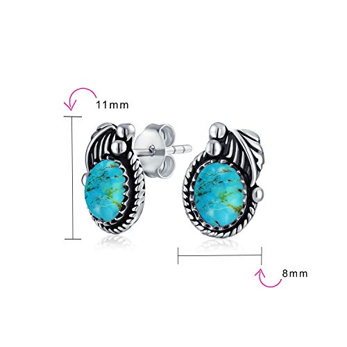 Native American Style Stabilized Turquoise Gemstone Oval Bezel Leaf Rope Edged Stud Earrings Western Jewelry For Women Oxidized .925 Sterling Silver #TOP3