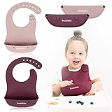 Bazzle Baby Silicone Bibs with Food Catcher - Rolls Up and Button closed for easy travel and storage Waterproof 2-Pk